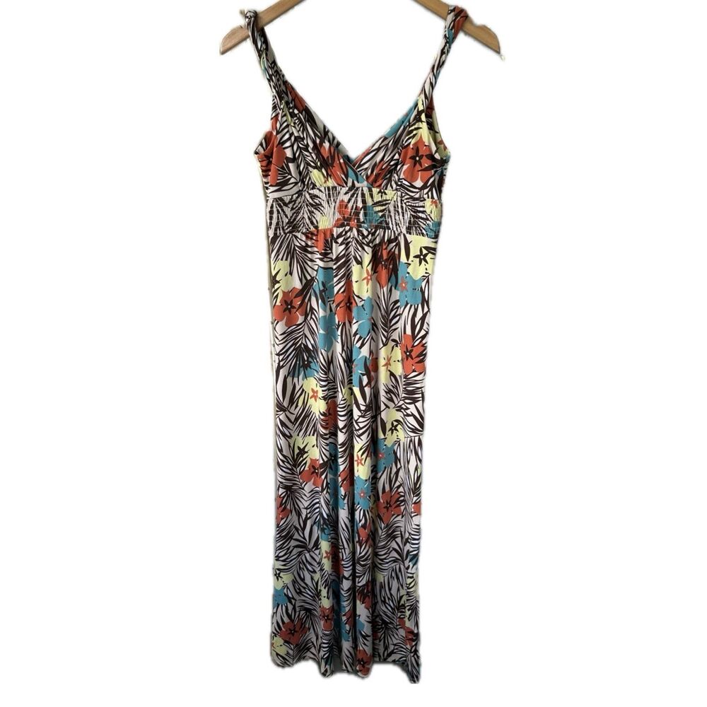 BCBG Paris Tropical Flowers Leaves Twisted Straps Smocked Waist Maxi Dress XS